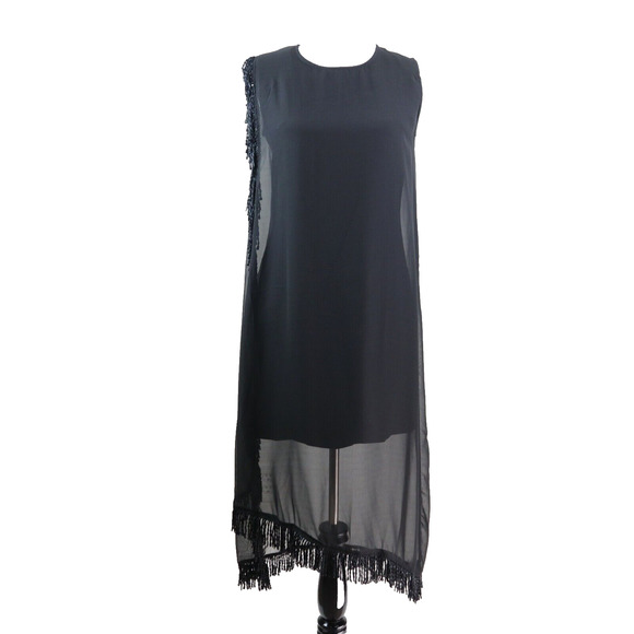 Maac London Dresses & Skirts - MAAC London Size M Cann Midi Dress Sheer Asymmetrical Fringe Black